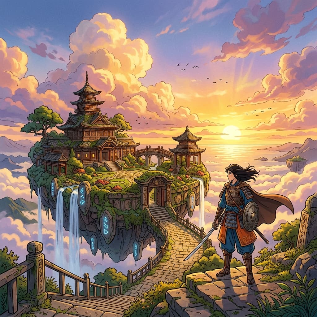 Studio Ghibli style anime animation scene of warrior standing on floating ancient temple island at golden sunset