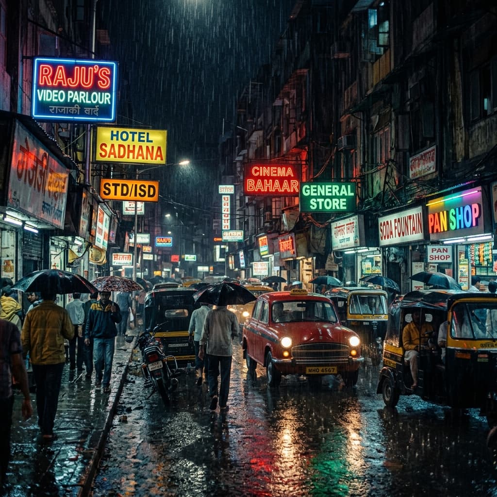 Cinematic slow motion pan of rainy Mumbai street at night with glowing neon store signs generated by AI Video Generator