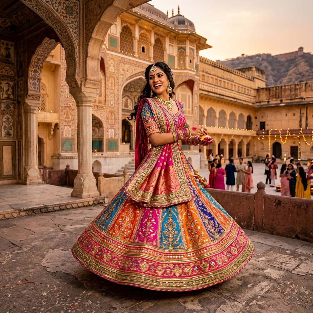 Vertical 9:16 portrait of an Indian fashion model in embroidered designer lehenga at a historic palace fort backdrop