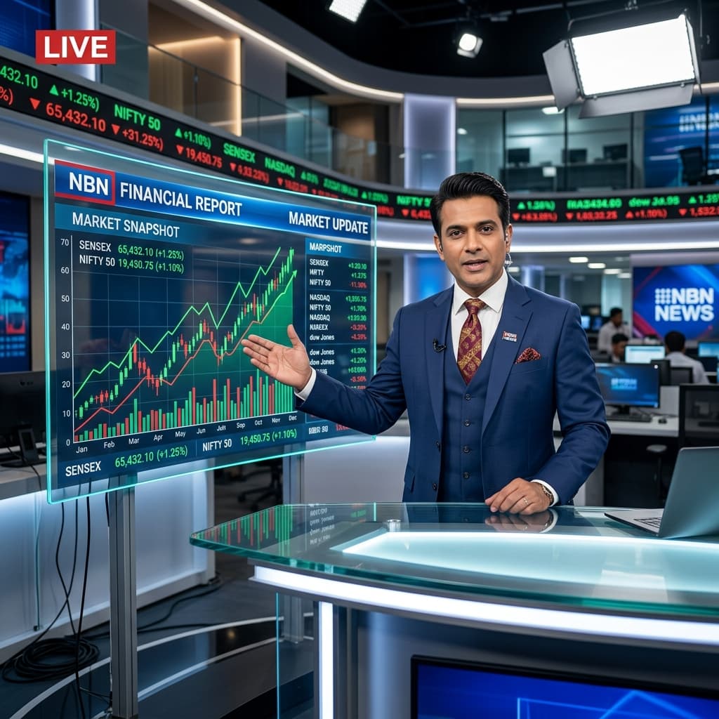 Professional Indian news anchor avatar presenting financial stock market graphs in a modern newsroom studio