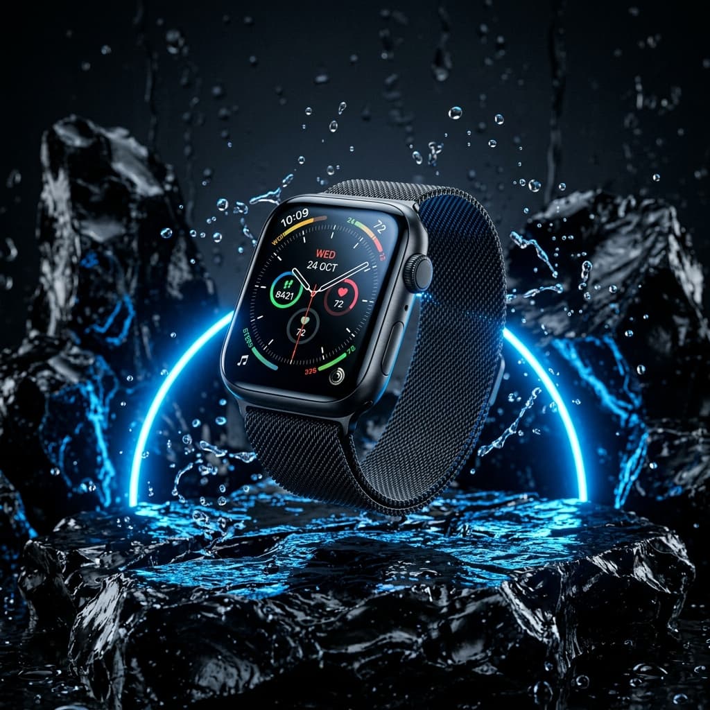 3D studio commercial product render of luxury smartwatch floating over wet obsidian stone with blue neon rim lighting