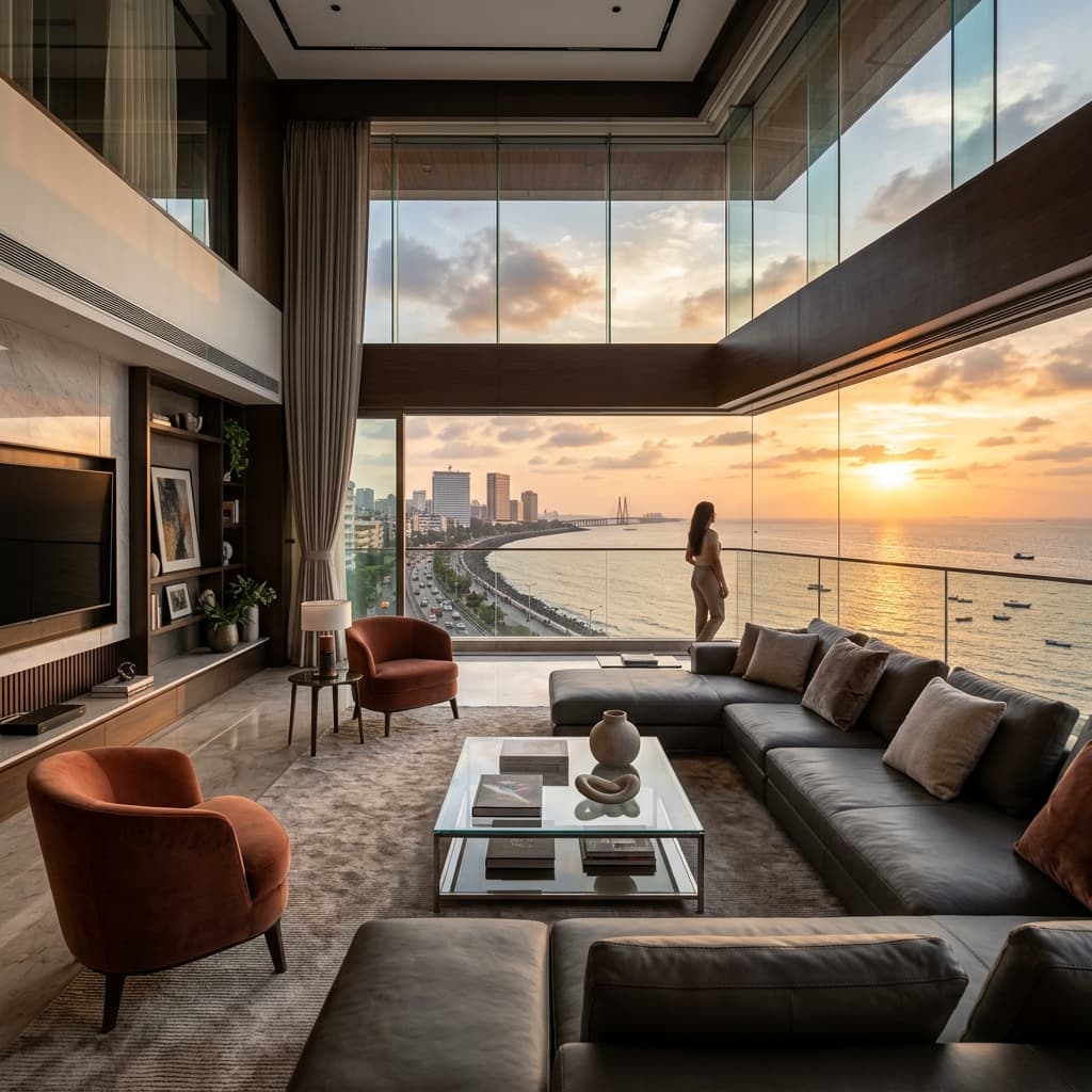 Cinematic interior walkthrough view of luxury sea-facing Mumbai penthouse living room at golden hour sunset