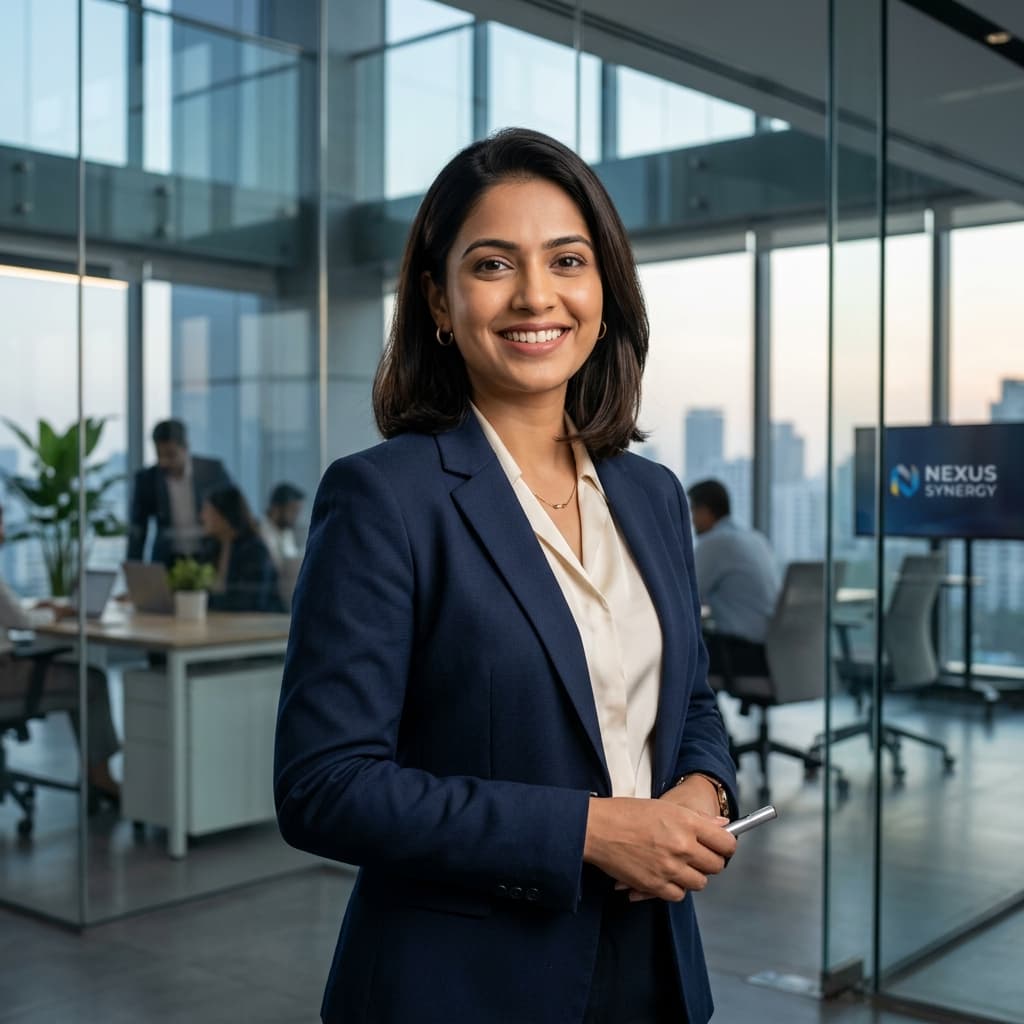 Photorealistic Indian female corporate presenter avatar in formal business blazer in glass office