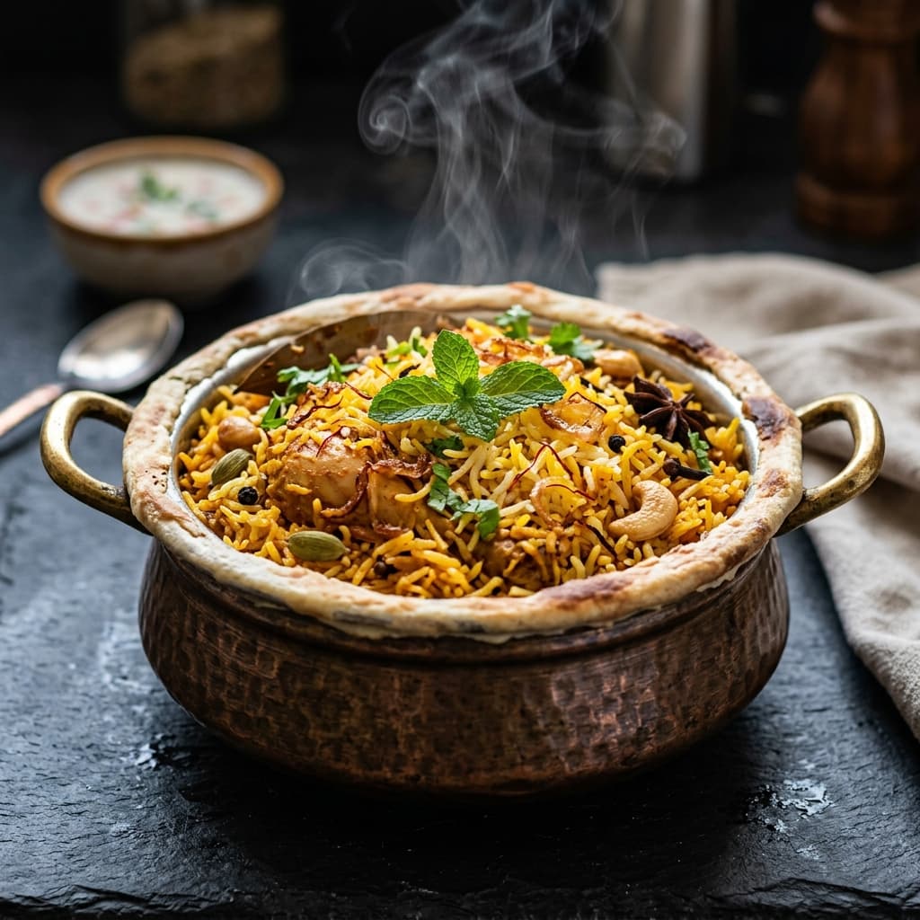 Gourmet Indian Dum Biryani dish in copper handi with steam rising in 4K studio macro food photography