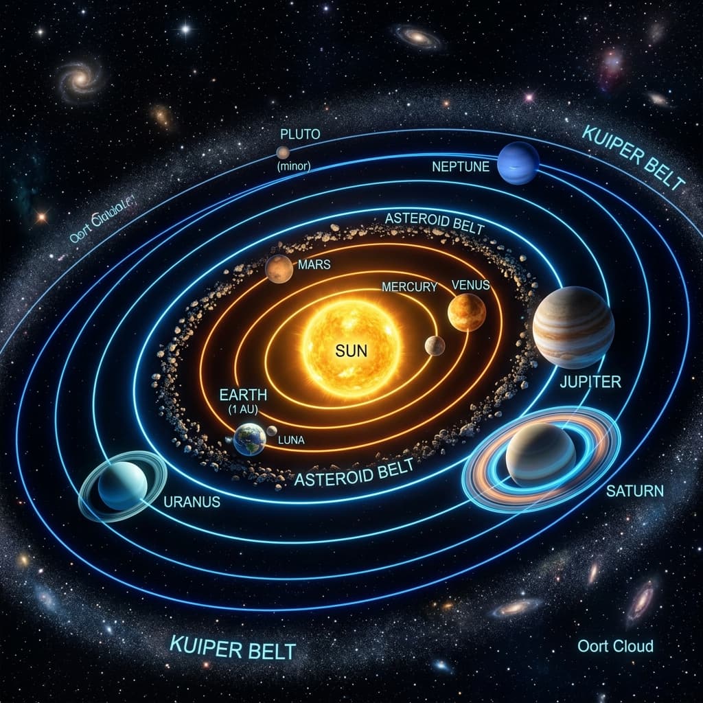 3D animated solar system science educational diagram with glowing planet orbits for EdTech classroom