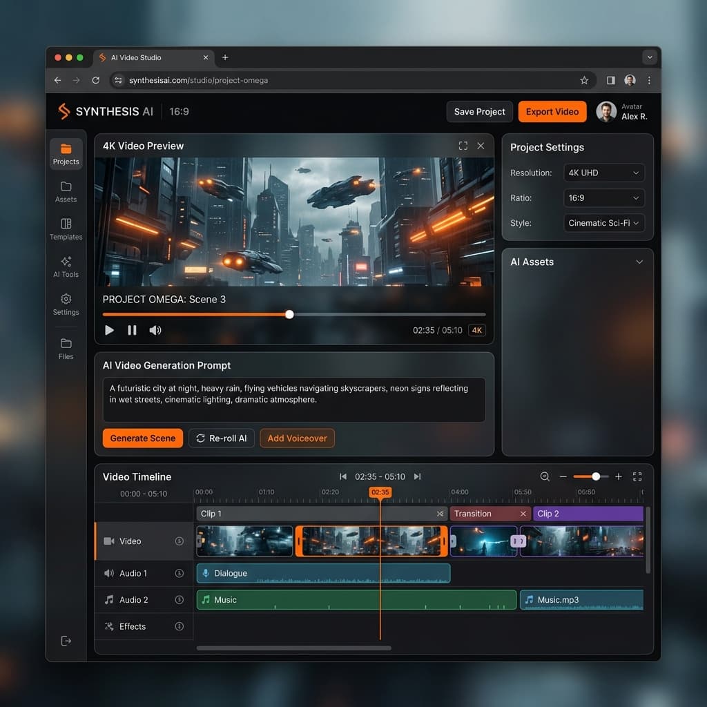 Dark mode web browser application UI interface for VideoGenerator.in AI Video Studio showing video timeline